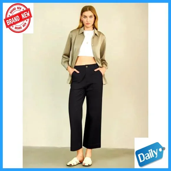 High Waisted Wide Leg Cropped Pants, Stretch Cotton Blend, Casual Office Wear - Picture 3 of 7